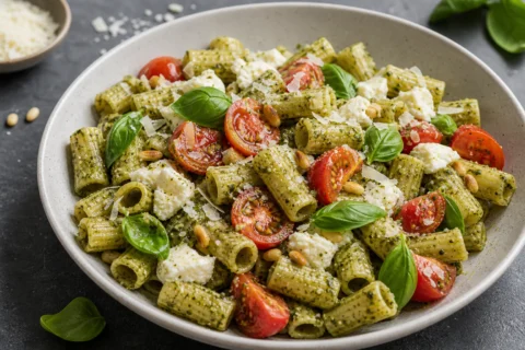 Pastasalat med basilikumpesto, tomater, mozzarella og parmesan i en lav skål.
