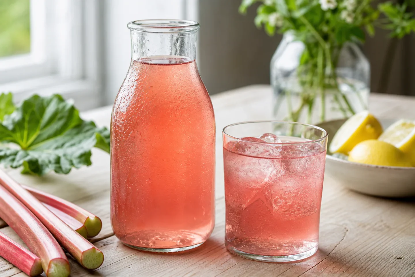 Klar lyserød rabarbersaft i flaske og glas med rabarberstilke ved siden af.
