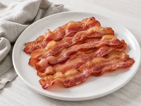 Sprødstegt bacon på en hvid tallerken.