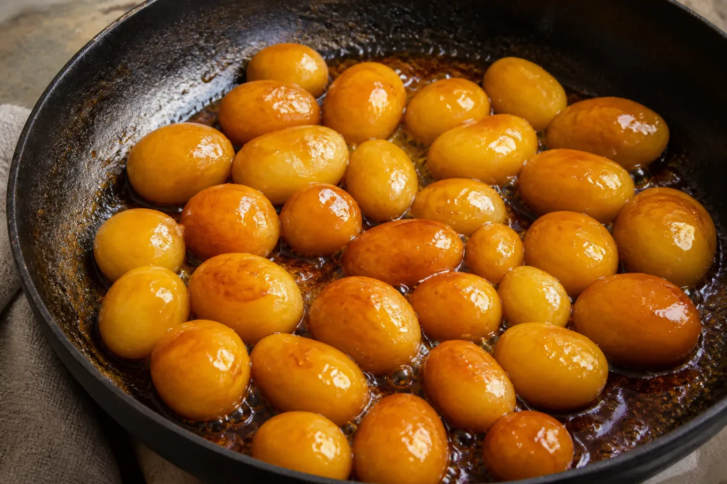 Brunede kartofler med blank, gyldenbrun karamel i en lys stentøjsskål.