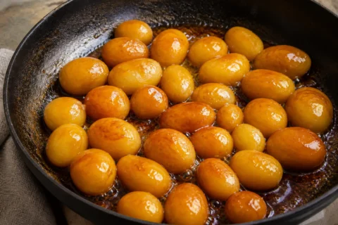 Brunede kartofler med blank, gyldenbrun karamel i en lys stentøjsskål.