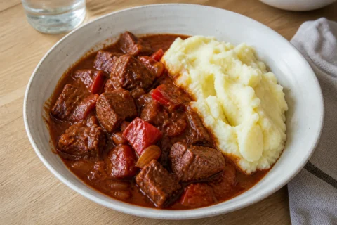 Tyk gullash med møre stykker oksekød, paprika og peberfrugt serveret med rustik kartoffelmos.