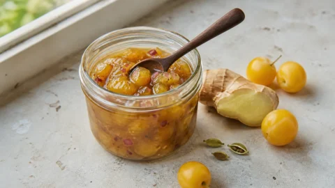 Mirabellechutney med gyldne frugtstykker, rødløg, ingefær og kardemomme i et åbent glas.