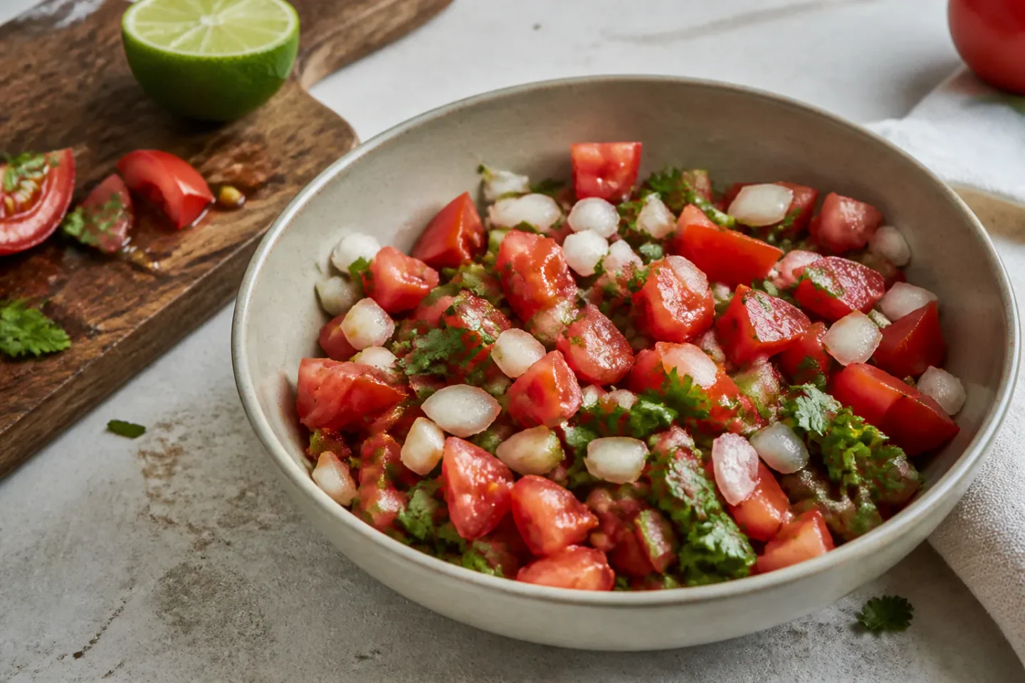 Pico de gallo med grove stykker modne tomater, hvidt løg, grøn chili, koriander og lime i en lys skål.
