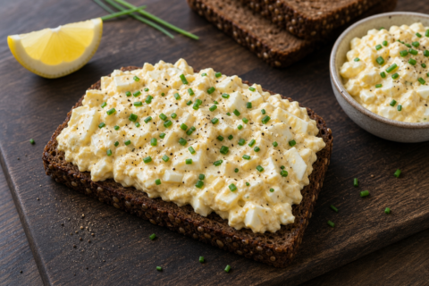 Æggesalat med purløg på rugbrød med citron ved siden af