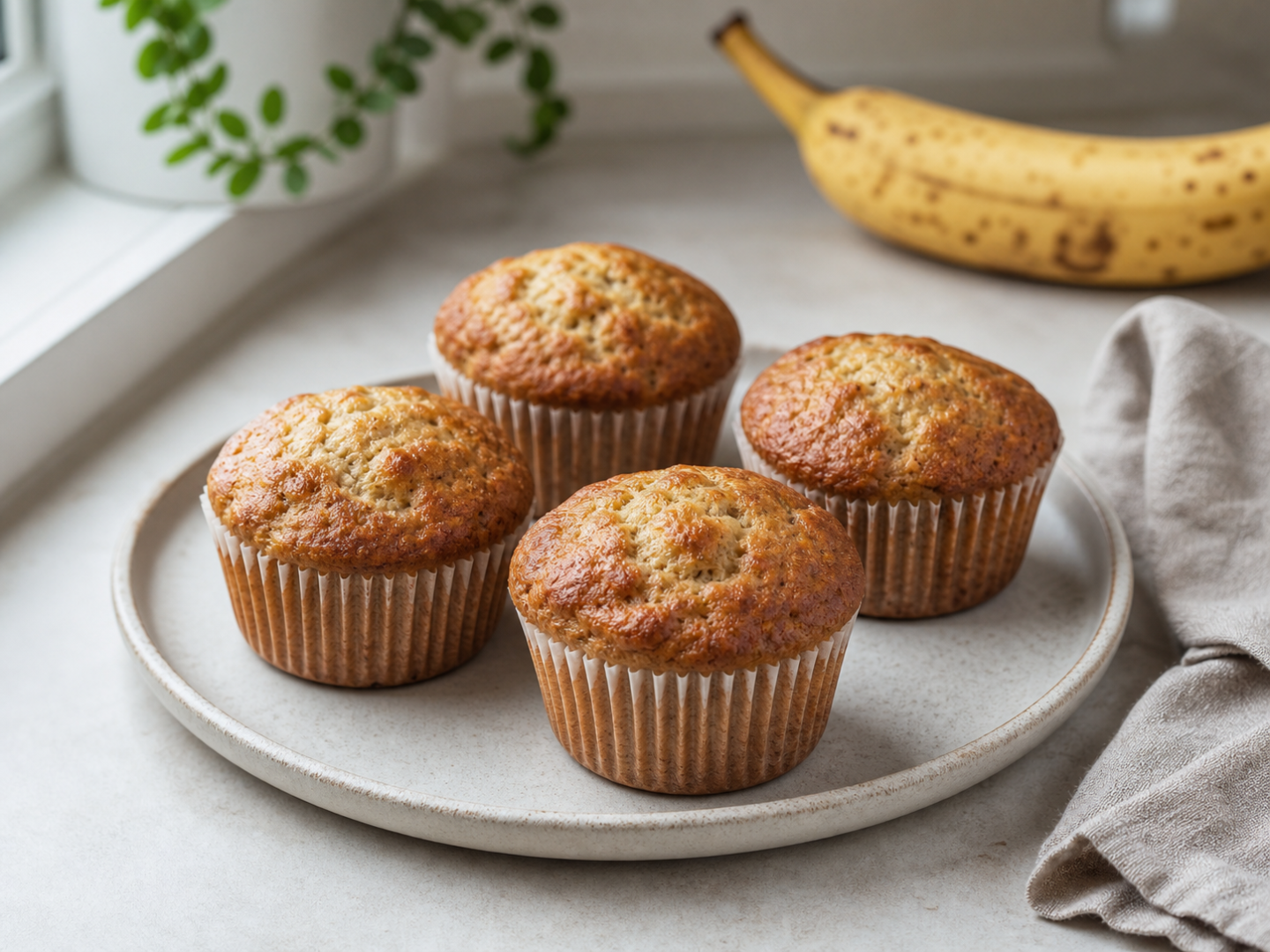 Bananmuffins i papirforme med gylden top og blød banankrumme