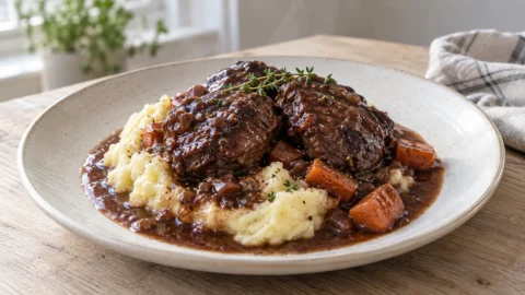 Braiserede svinekæber i blank mørk rødvinssauce med kartoffelmos og få stykker gulerod.