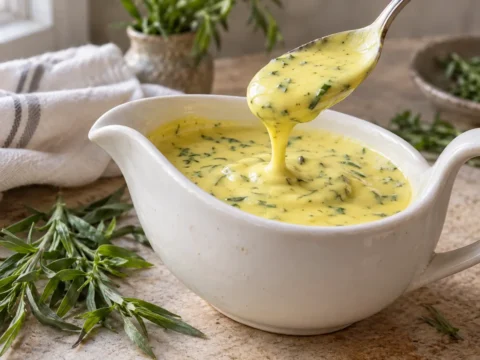 Gul bearnaisesauce med hakket estragon i en lille saucekande på lyst bord